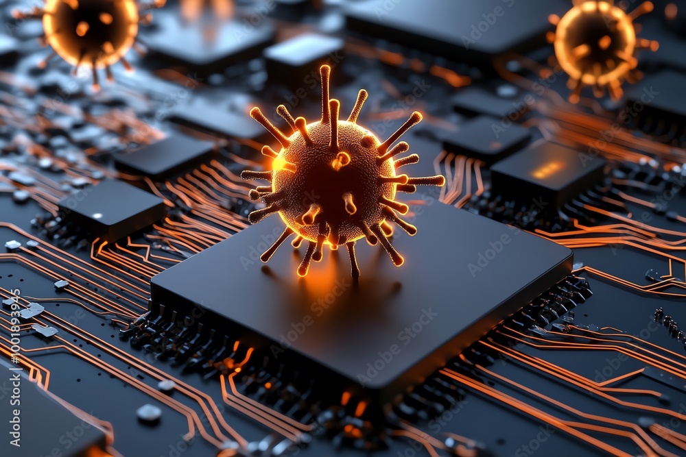 Aufkleber Malware invasion shown as 3D digital viruses piercing through floating computer systems and disrupting circuits