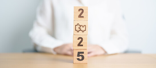 2025 block with jigsaw puzzle icon. Business Process, Team, teamwork, Goal, mission, Resolution,...