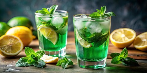 Fototapeta premium Two refreshing green drinks garnished with fresh mint and lime wedges, served on a rustic wooden surface with sliced lemons