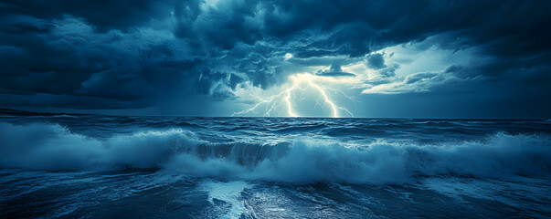 A dramatic image of a lightning storm over the ocean