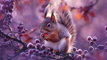 A cute squirrel with a red nut in a purple tree