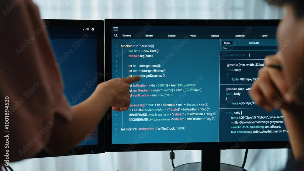 Wall mural slow motion back end software developer engineer for computer programming working together on debugg