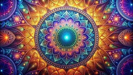 A vibrant and intricate mandala with concentric circles, ornate patterns, and a central eye-like design, showcasing a kaleidoscope of colors