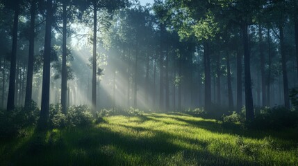 Obraz premium A foggy forest at dawn, with soft rays of sunlight barely filtering through the mist