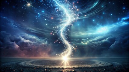 A swirling stream of celestial dust creates a breathtaking spectacle against a backdrop of starry night and billowing clouds.