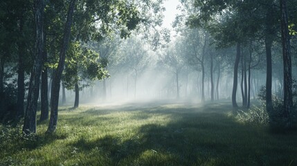 Obraz premium A foggy morning in a tranquil forest, with light softly filtering through the mist