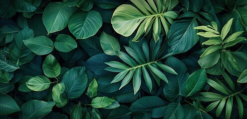 Fototapeta premium Lush green foliage pattern with various tropical leaves, perfect for wallpaper or design projects.