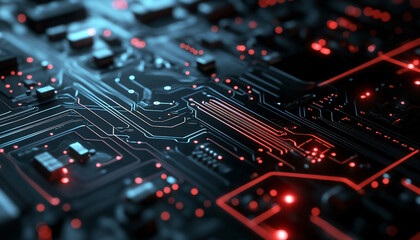 Obraz premium A close-up of a futuristic circuit board with glowing lines and components, evoking high-tech and digital precision