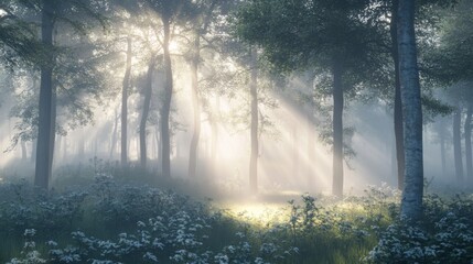 Obraz premium A foggy woodland at sunrise, with rays of light softly breaking through the canopy