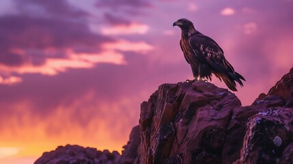 Fototapeta premium A majestic eagle perched on a red rock with a purple sky behind