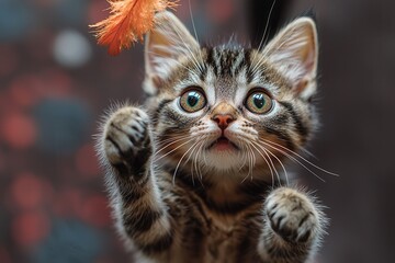 Playful Kitten Reaching for a Leaf in Autumn