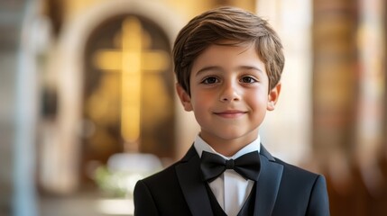 Elegant Spanish Boy Dressed for First Communion Ceremony with Church Background