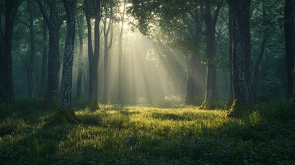 A misty forest at dawn, with delicate sunbeams barely touching the forest floor