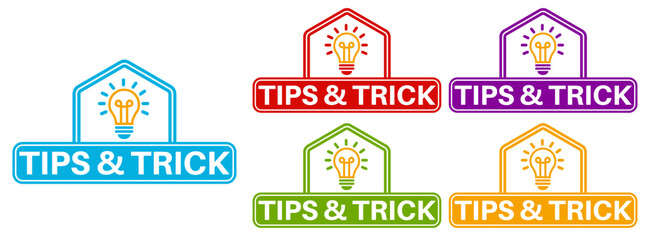set tips and trick hint icon labels. tips with light bulb template sticker design vector illustration