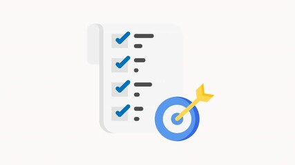 Animated  checklist completed with target achieved and arrow on paper. Ideal for productivity, success, goals, achievement, completion, motivation concepts.

