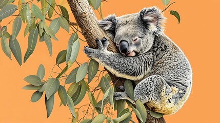 Obraz premium A sleepy koala bear clinging to a eucalyptus branch on a light orange background