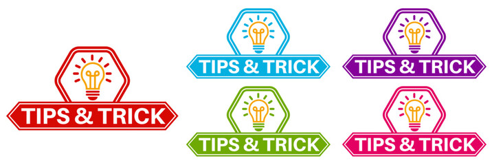 set tips and trick hint icon labels. tips with light bulb template sticker design vector illustration