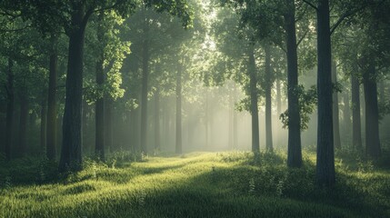 Fototapeta premium A misty forest at dawn, with soft light filtering through the foliage