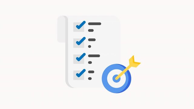 Animated  checklist completed with target achieved and arrow on paper. Ideal for productivity, success, goals, achievement, completion, motivation concepts.

