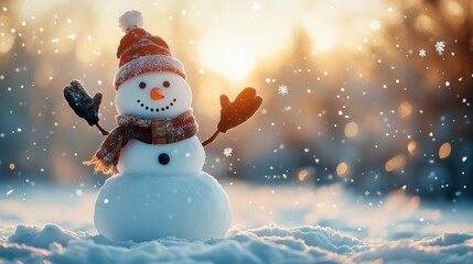 Merry christmas and happy new year greeting card with copy-space.Happy snowman standing in winter christmas landscape.Snow background