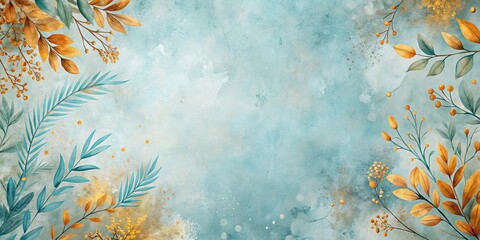 Watercolor Painting of Blue and Gold Leaves on a Subtle Background