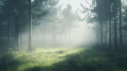 Obraz premium A misty morning in a tranquil forest, with diffused light softly illuminating the scene
