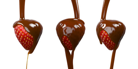 Closeup Realistic Strawberry with  hot chocolate sauce Pouring drip isolate on white background. PNG files. 3D Render.