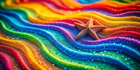 A single brown star rests on a colorful wave of textured, sparkling sand.