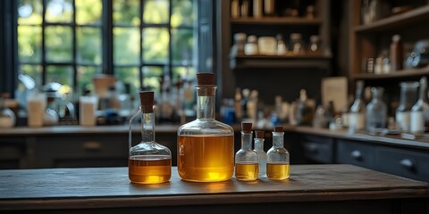 Flask on table in office in daylight. Concept of scientific, medical, chemical or other work