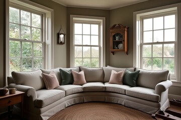 Cozy Vintage Farmhouse Retreat with Classic U-Shaped Sofa by Bay Window