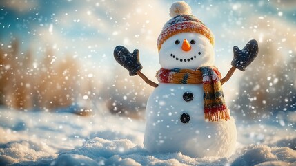 Merry christmas and happy new year greeting card with copy-space.Happy snowman standing in winter christmas landscape.Snow background