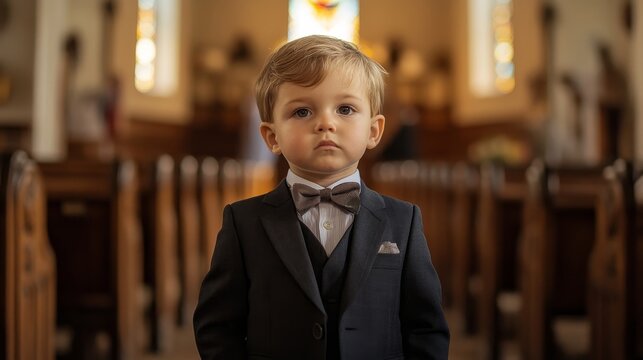 Elegant British Boy at Christening: Graceful Attire in Church Setting