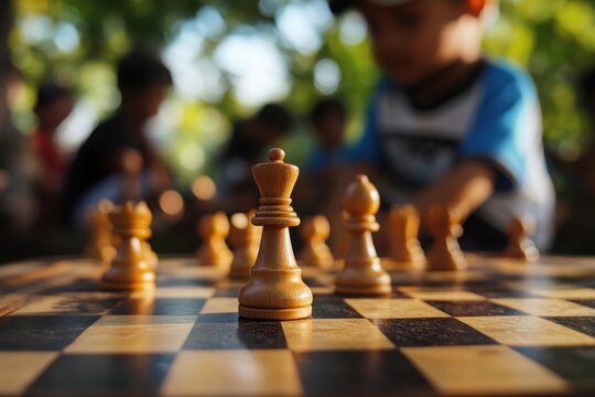 Close-up of chess pieces on a wooden board with blurred children in the background.