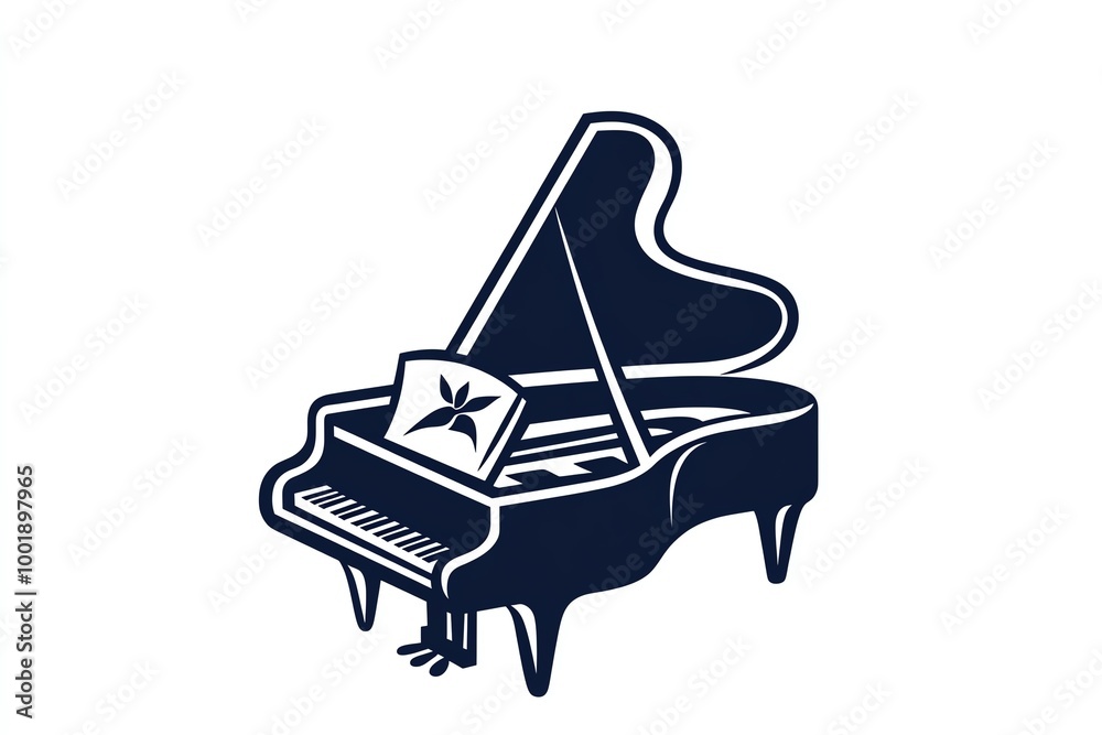 Poster minimalist grand piano icon, with a simple, elegant shape representing the classic curves and keys o
