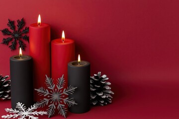 Red and black 3d render x-mas table decor with candles and snowflakes