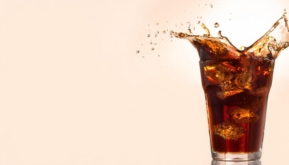 Cola drink splashing out of glass, studio shot, free space for text