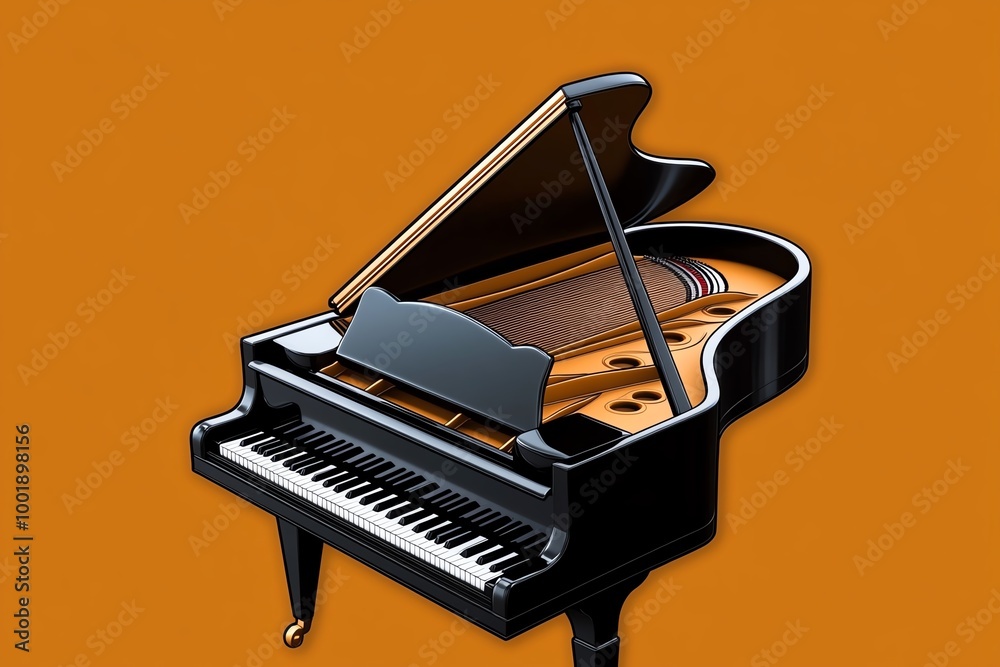Poster minimalist grand piano icon, with a simple, elegant shape representing the classic curves and keys o