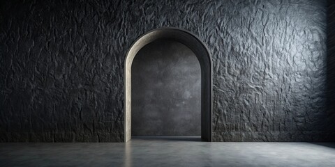 A Minimalist Dark Room with an Arched Doorway Leading to Another Space