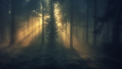 Fototapeta premium Misty Forest at Dawn with Silhouetted Trees and Ethereal Glow
