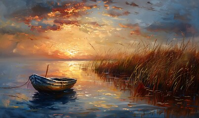 Fototapeta premium Peaceful Riverbank with Reeds and Tethered Wooden Boat at Sunset