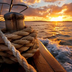 Beautiful sunset over the sea. View from the deck of a sailing yacht.