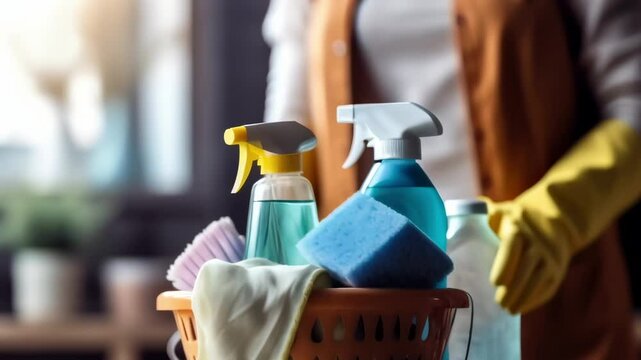 Dedicated cleaning lady with essential supplies ready to tackle dust and dirt for a spotless finish, showcasing the importance of maintaining cleanliness and hygiene in the home