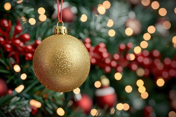 3d render golden x-mas ornament hanging from red and green garland, warm glowing lights, Christmas backdrop