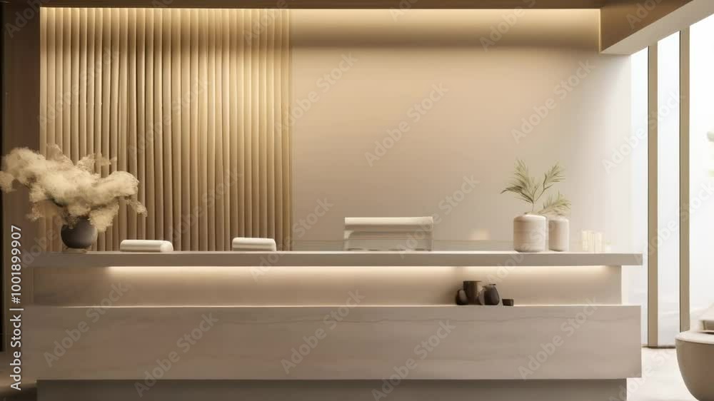 Aufkleber step into a serene spa reception with a modern, minimalist design bathed in natural light and calmin