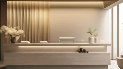 Step into a serene spa reception with a modern, minimalist design bathed in natural light and calming neutral tones, creating a stylish and welcoming space for relaxation and wellness treatments