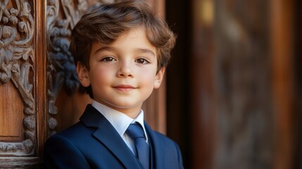 Elegant Spanish Boy Dressed for First Holy Communion Against Church Background