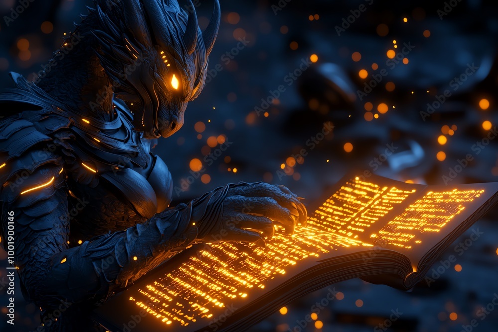 Aufkleber Mythical creatures coding, shown as dragons and griffins typing lines of glowing code on magical scrolls that float in the air