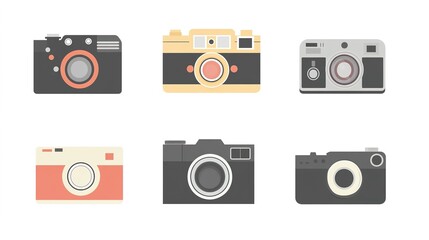 A comprehensive camera icon set featuring flat illustrations of various camera designs on a clean white background. Each icon is meticulously crafted to represent different types of cameras, 