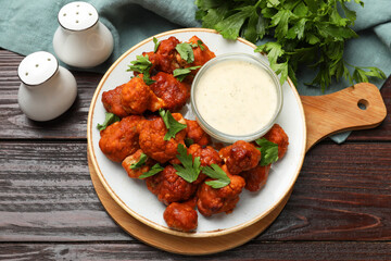 Baked cauliflower buffalo wings, parsley and sauce on wooden table, top view