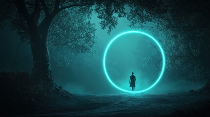 Fototapeta premium A surreal, shadowed figure, with a glowing, abstract shield, standing guard over a hidden entrance to a secure facility, shrouded in mystery.